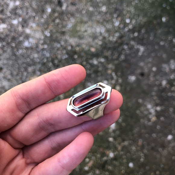 Silver Elongated Hexagon Ring with Peach Stone - Picture 13 of 15